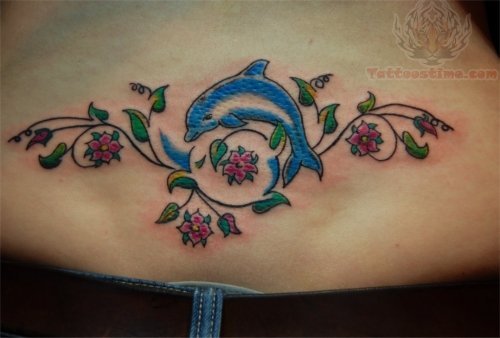 Dolphin And Flowers Tattoo For Lowerback
